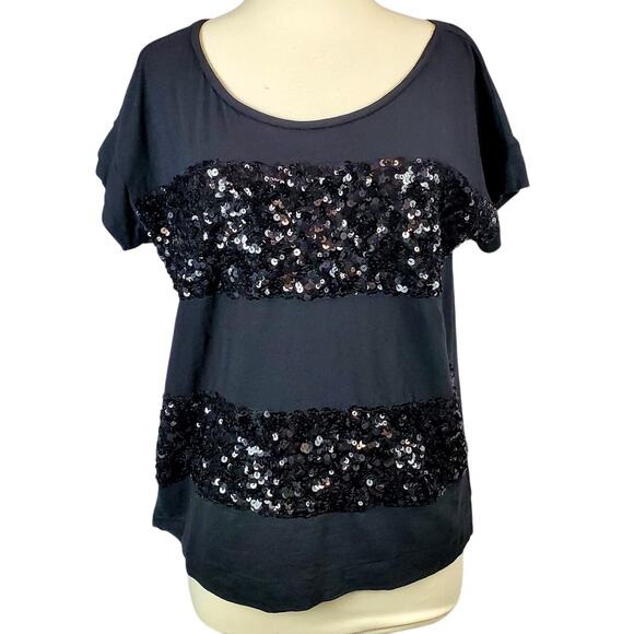 Loft Black Sequin Sparkle Holiday T Shirt M Shimmer Striped Chic Edgy Party Top - Picture 2 of 11